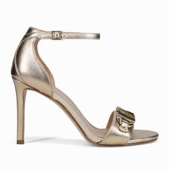 Michael Michael Kors Izzy Pale Gold Metallic Leather Heeled Sandals Size 8 - Picture 2 of 14
